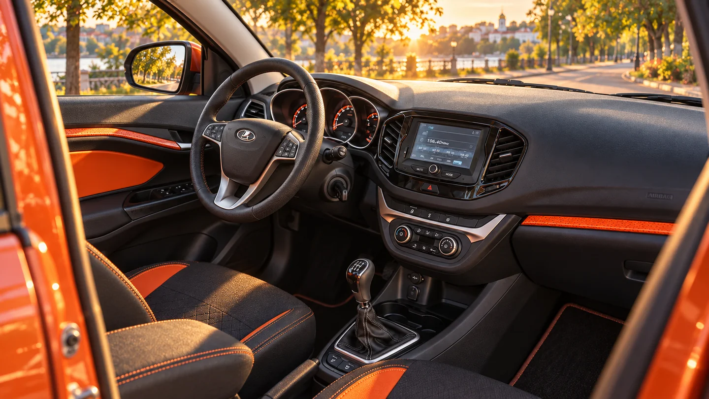 Салон Lada Vesta с механической коробкой передач в тёплом вечернем свете