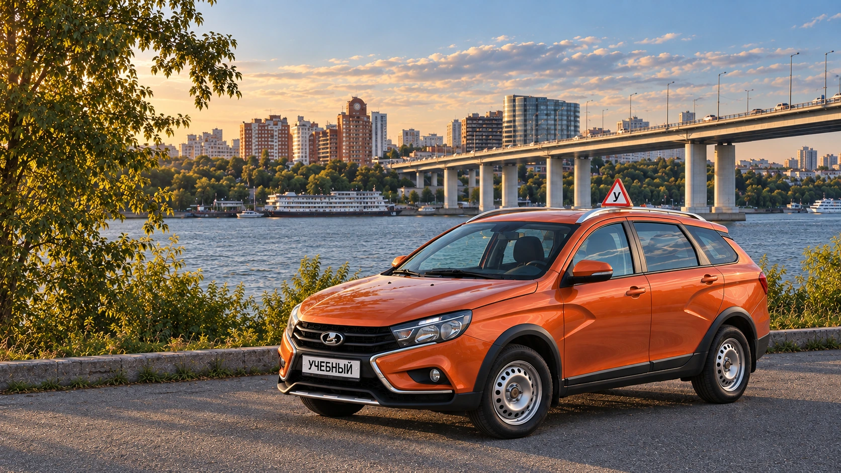Оранжевая учебная Lada Vesta SW Cross на берегу Дона